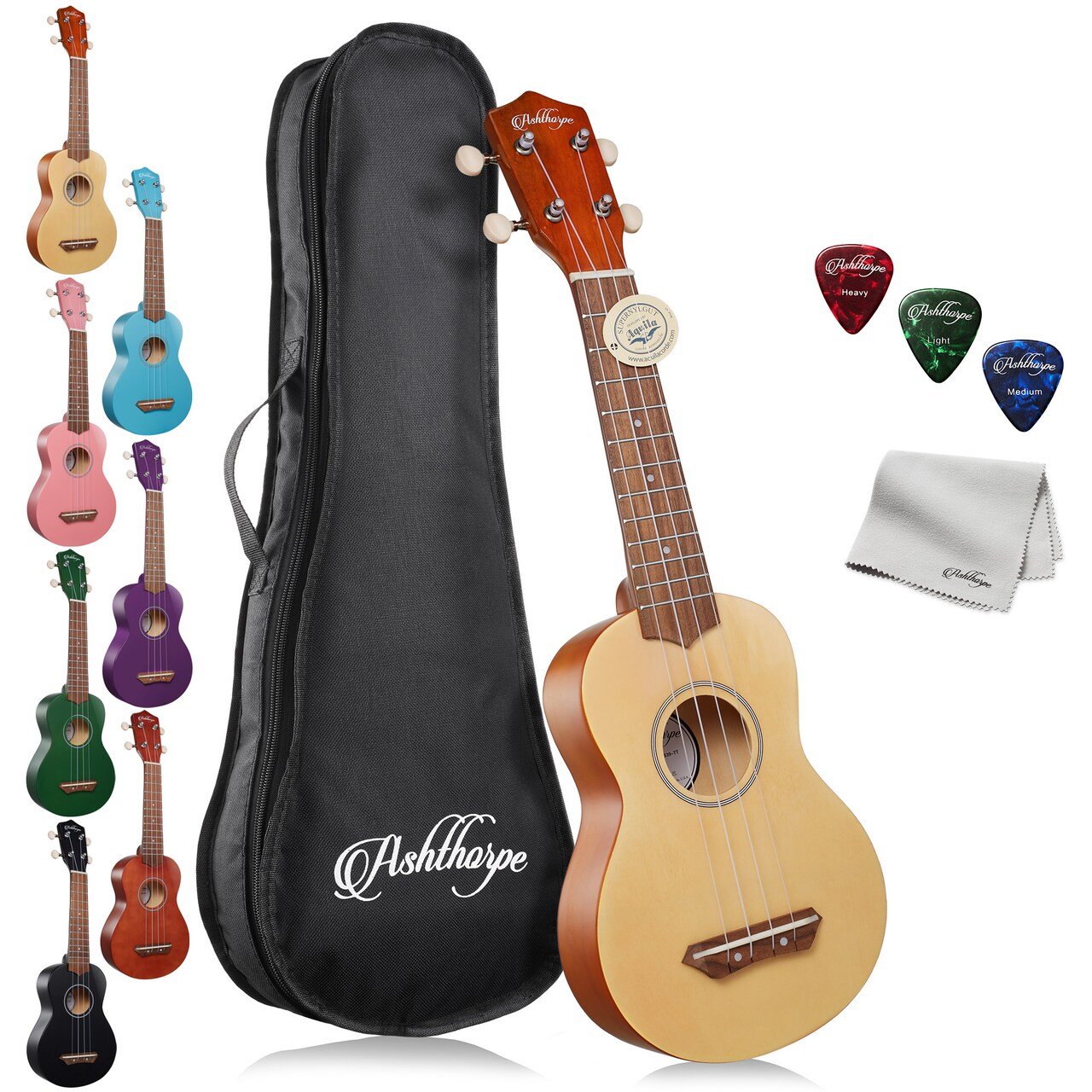 Ashthorpe Soprano Ukulele for Beginners, 21-inch 4 String Uke Starter Bundle Kit for Kids with Gig Bag, Cloth, and Picks